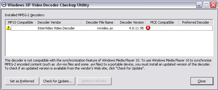 Publisher. Microsoft Corp. Homepage. Windows XP Video Decoder Checkup Utility